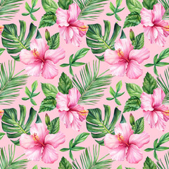 Tropical seamless pattern with pink hibiscus flowers, palm leaves on Pink background. Watercolor botanical illustrations