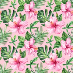 Poster Tropical seamless pattern with pink hibiscus flowers, palm leaves on Pink background. Watercolor botanical illustrations © Hanna