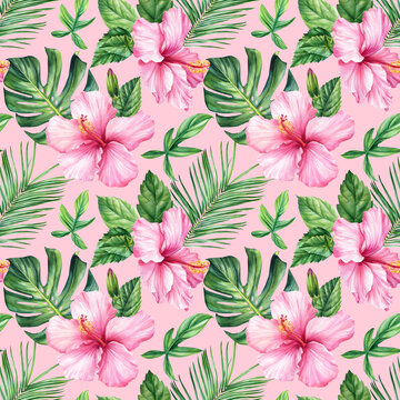 Tropical seamless pattern with pink hibiscus flowers, palm leaves on Pink background. Watercolor botanical illustrations