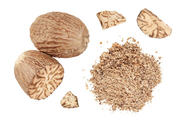 Whole and grated nutmeg isolated on white background with full depth of field. Top view. Flat lay - obrazy, fototapety, plakaty
