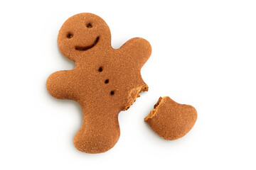 Gingerbread man isolated on white background. Top view. Flat lay.