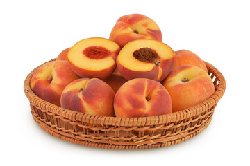 Ripe peach fruit with half in a wicker basket isolated on white background with full depth of field