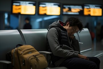 A young Asian guy fell asleep in the waiting room on a bench at the train station