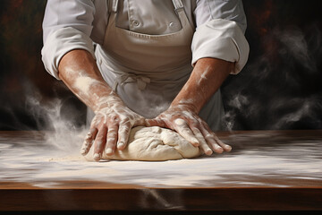 Baker kneading dough on wooden table. Male hands making bread on dark background. Bakery Concept. - obrazy, fototapety, plakaty