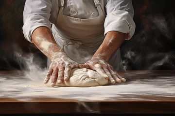 Gordijnen Baker kneading dough on wooden table. Male hands making bread on dark background. Bakery Concept. © Uros