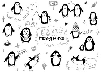Vector cute and fun penguins doodle set characters