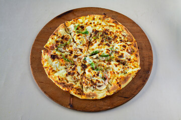 Delicious mixed pizza with rich content. Menu concept of choice and diversity. Pepperoni, Formaggi, Veggie, Karisik pizza