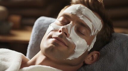 Closeup portrait of a man with a facial mask in a spa salon .