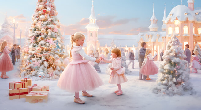 Children in Pink princess castle celebrating Christmas, vintage style. Fairy tale Magic palace in snow with a Christmas tree, decorations, gift boxes. Kids playing in fairyland on a fairy tale ball