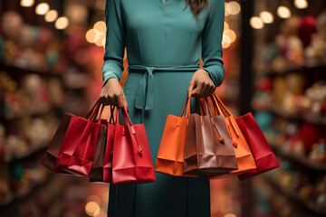 shopping and holidays concept.female shopper with colorful shopping bags on the background of a shopping center. 
