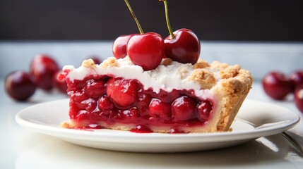 A slice of cherry pie with whipped cream and cherries, AI