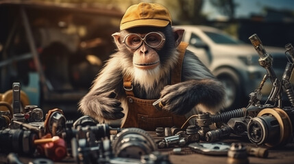 A monkey mechanic fixing a car with a wrench, anthropomorphic animals, blurred background, with copy space - obrazy, fototapety, plakaty