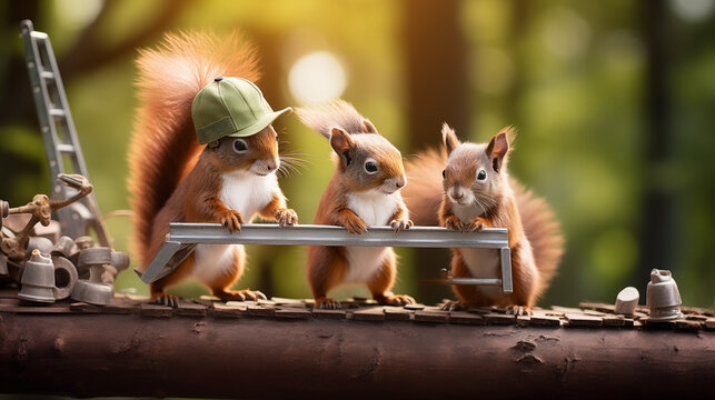 A team of squirrels in hard hats building a treehouse, anthropomorphic animals, blurred background, with copy space