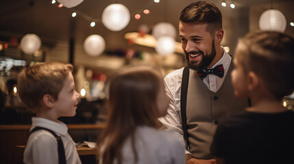A waiter interacting with children, bending down to their level to take their order, waiter in a restaurant, blurred background, with copy space