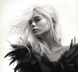 Fashion portrait of a young beautiful extreme blonde with a fashionable hairstyle wearing feather clothes. Fashion and beauty.