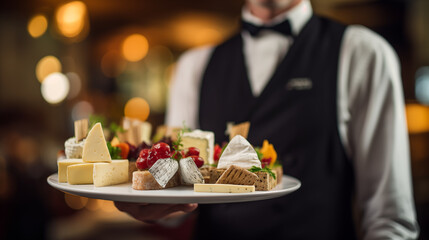 A waiter offering a selection of artisanal cheeses to diners, waiter in a restaurant, blurred background, with copy space