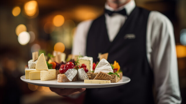 A waiter offering a selection of artisanal cheeses to diners, waiter in a restaurant, blurred background, with copy space