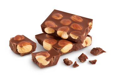 Chocolate with hazelnuts isolated on white background with full depth of field.