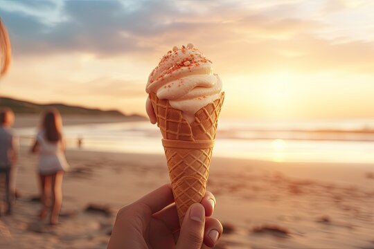 people on the beach holding ice cream cones Generative AI