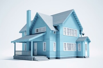 House with blue and white color scheme against a white background, created using 3D rendering. Generative AI