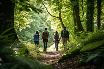 Rear view of backpackers walk by road in the forest. Travelers walk along a forest hiking trail in a green summer forest. Generative AI