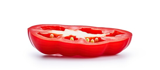 A single red bell pepper positioned separately against a plain white backdrop