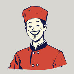 retro cartoon illustration of a happy asian chef with sketchy simple face