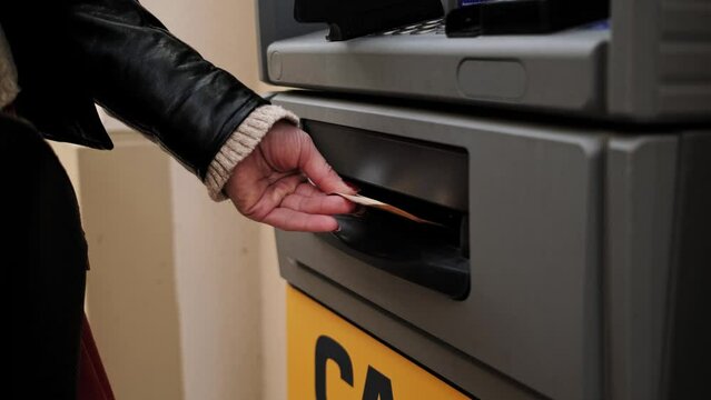 Stylish Female Withdraws Euro Money From Atm At Street