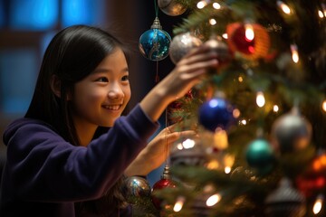 An Asian adolescent girl adorning a Christmas tree with vibrant ornaments, embodying the enchantment and eagerness of the holiday season.