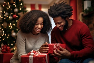A couple engaged in Christmas celebration, with each partner holding a beautifully wrapped holiday gift and sharing their excitement and love.
