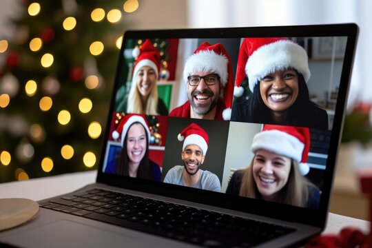 A Cheerful And Varied Assembly Of Colleagues, Donning Santa Hats, Coming Together For A Virtual Office Christmas Festivity, Against A Digital Backdrop Adorned With Holiday Decorations, Sharing Laughte