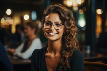 Portrait of a young happy woman with glasses in a restaurant against the background of bokeh lights