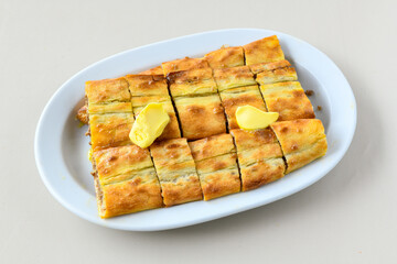 Kiymali pide.Turkish pide with minced meat. Turkish pizza mince pita Pide on white background. Etli ekmek. Kusbasi kasarli, kiymali kasarli, kiymali yumurtali,  tirnak Trabzon, Bafra, Kusbasili pide.