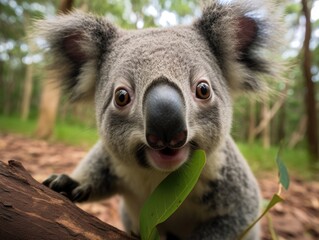 Close-up portrait of a koala. Detailed image of the muzzle. A wild animal is looking at something. Illustration with distorted fisheye effect. Design for cover, card, postcard, decor or print.