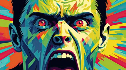 Frightened face. A ghastly grimace of horror. The man screams with fear and pain. The concept of horror. Colorful illustration. - obrazy, fototapety, plakaty