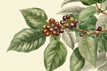 Illustration of coffee plant with coffee cherries on a branch. Generative AI