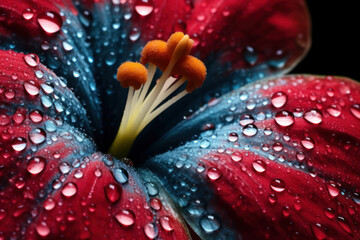 Dewdrops on Petals: Vivid Red Flower with Water Droplets Close-up
