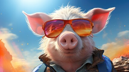 Portrait man with an animal face. Smart serious boar. Human characters through animals. Anthropomorphic pig dressed in a suit. Creative idea. Illustration for cover, interior design, decor or print.