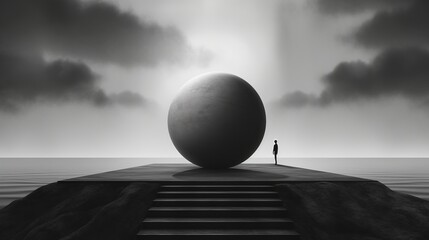 A huge sphere at the top of the pyramid and the silhouette of a lonely man next to it. The man has succeeded. The concept of finding a way out of a difficult situation. Illustration for varied design. - obrazy, fototapety, plakaty
