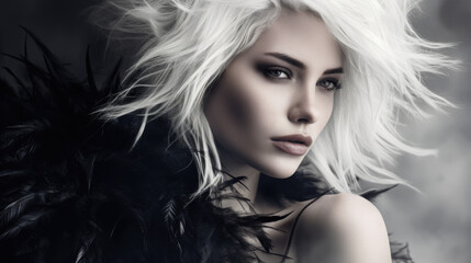 Fototapeta premium Fashion portrait of a young beautiful extreme blonde with a fashionable hairstyle wearing feather clothes. Fashion and beauty.
