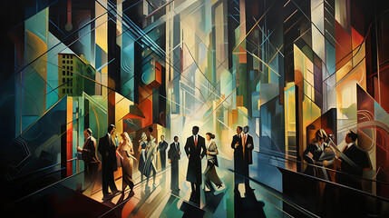 Cubist interpretation of a bustling Wall Street, suited men and women briskly walking, briefcases in hand, amidst towering skyscrapers, sharp angles, deep shadows, bright neon stock tickers - obrazy, fototapety, plakaty
