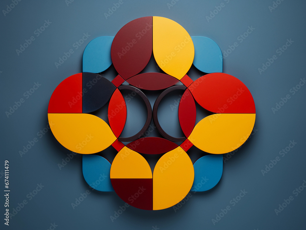 Poster abstract geometric representation of friendship, interlocking circles and squares, primary colors, m