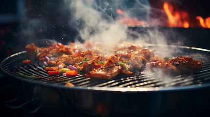 array of street tacos on a grill, emanating smoke and sizzle
