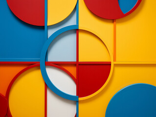 Abstract geometric representation of friendship, interlocking circles and squares, primary colors, minimalistic, sharp edges