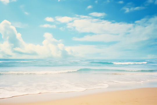 Picturesque sandy shore and gentle blue sea waves. This image can be used in the design of websites, brochures, postcards or other materials related to the theme of vacation and relaxation.