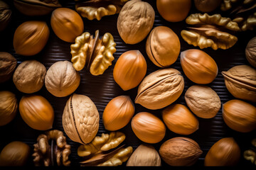 Image of many walnuts closed-up.