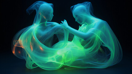Abstract representation of friendship, two intertwining figures made of colored light, electric blue and neon green, dancing in a void, ethereal, dream-like