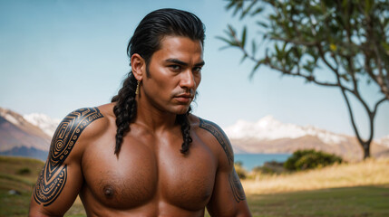 A man Maori with tattoos standing outside. - obrazy, fototapety, plakaty