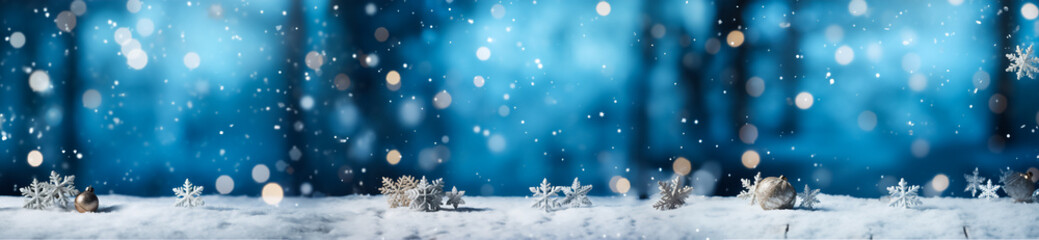 Naklejka na ściany i meble Beautiful horizontal holiday image of designer snowflakes on a blue background. Festive bright image can be used as a greeting card