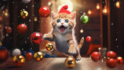 Fototapeta na wymiar Ginger Christmas kitten playing with Christmas baubles.
